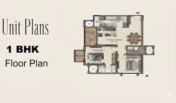 Indicative 1 BHK floor plan of 610 to 800 sq. ft. at Brigade Innovation Gardens, Devanahalli Bengaluru