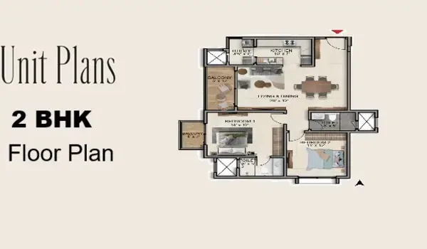 Indicative 2 BHK floor plan of 1,000 to 1,250 sq. ft. at Brigade Innovation Gardens, North Bengaluru