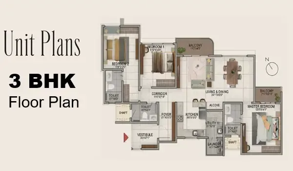 Indicative 3 BHK floor plan of 1,400 to 1,750 sq. ft. at Brigade Innovation Gardens township, Devanahalli