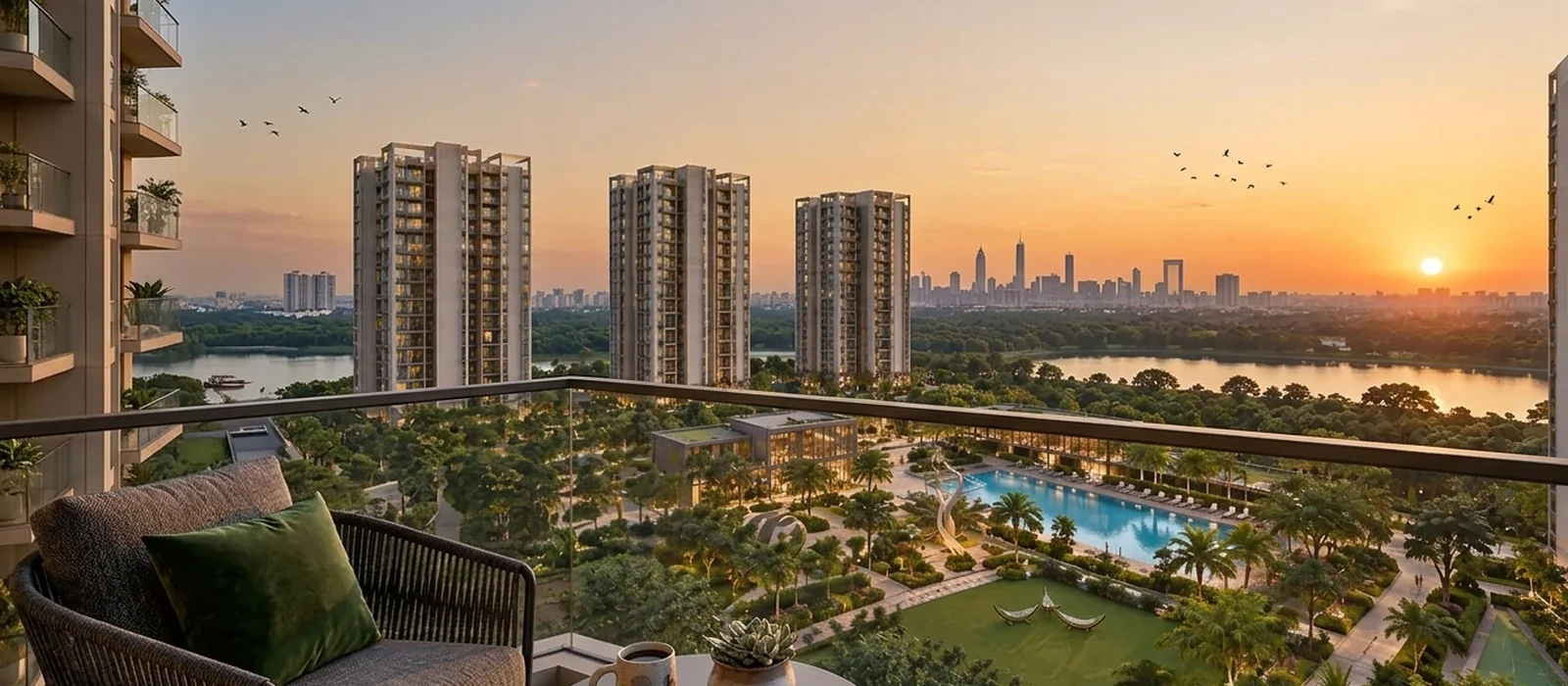 Artistic dusk aerial impression of residential towers and open green spaces at Brigade Innovation Gardens, North Bengaluru