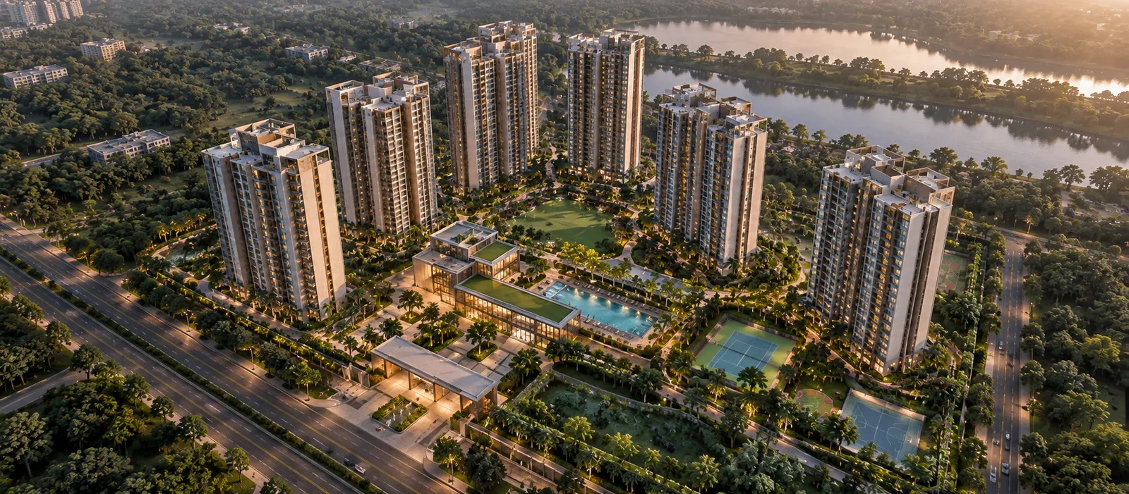 Indicative aerial layout of the 75-acre Brigade Innovation Gardens township with 16 residential towers