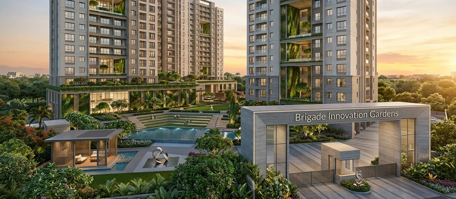 Artistic aerial impression of the 75-acre Brigade Innovation Gardens township at Devanahalli KIADB Phase II