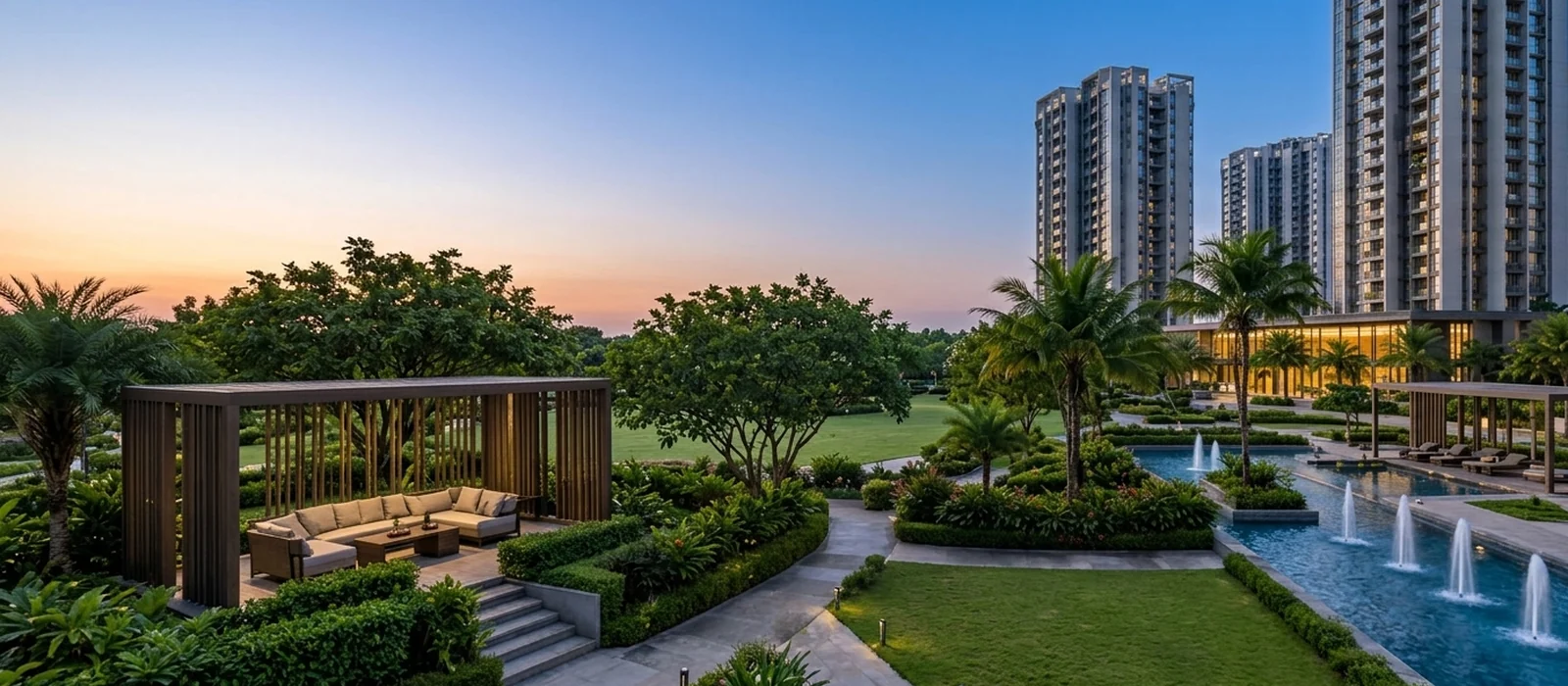 Artistic impression of an apartment balcony overlooking landscaped greens at Brigade Innovation Gardens