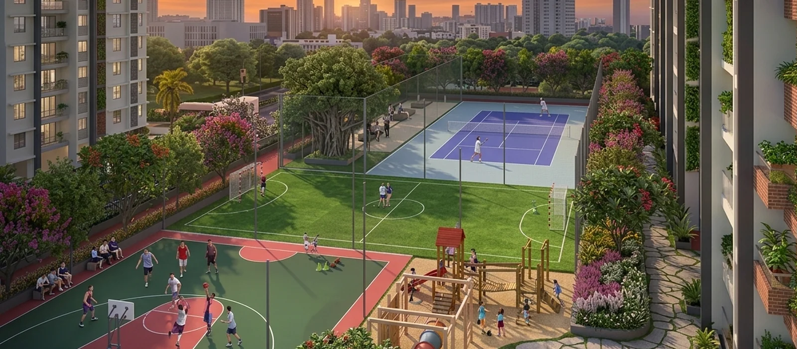 Sports Facility Category — Representative Imagery Outdoor sports court marked for basketball inside a gated residential development