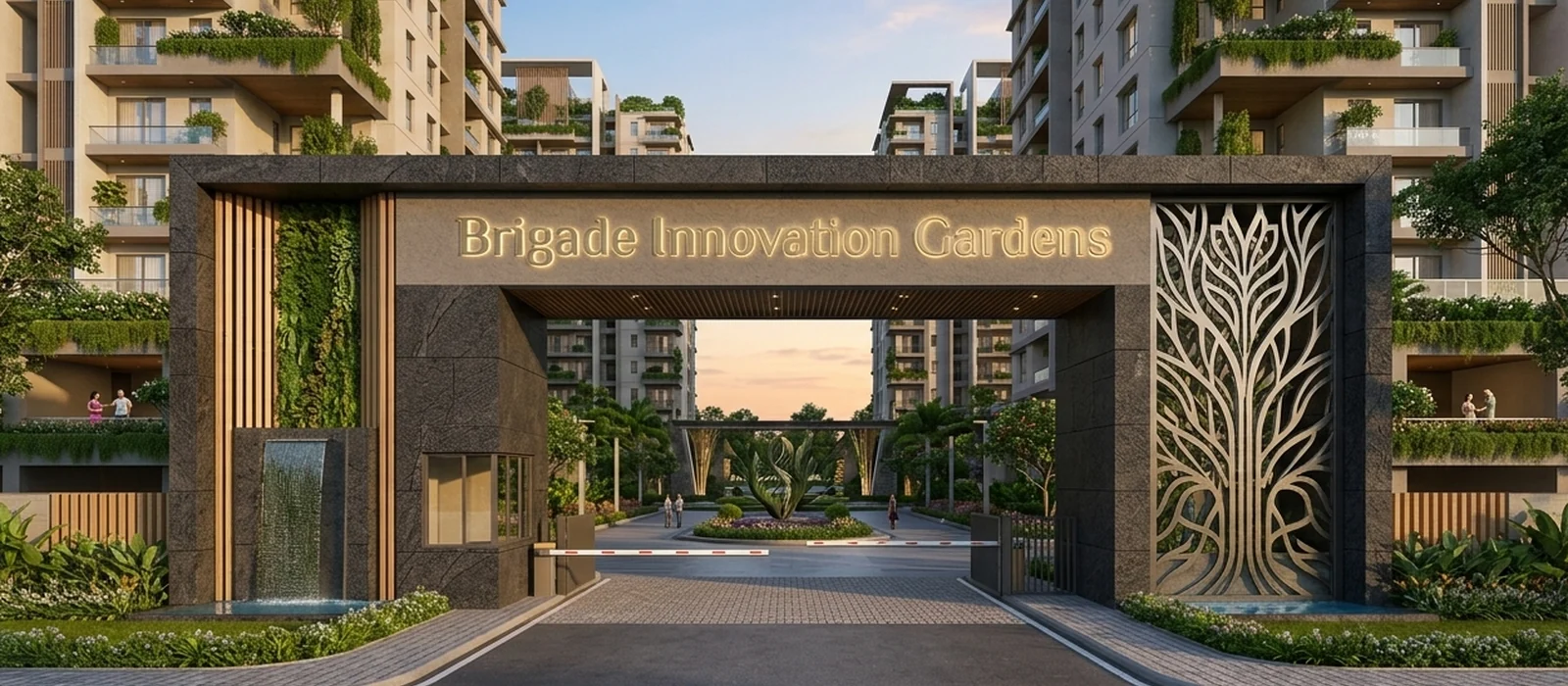 Brigade Innovation Gardens entrance gate with garden walls and archway, Bangalore