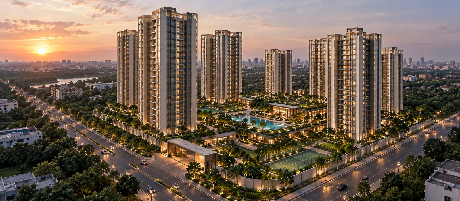 Artistic impression of a landscaped green with walking pathways between high-rise towers at Brigade Innovation Gardens