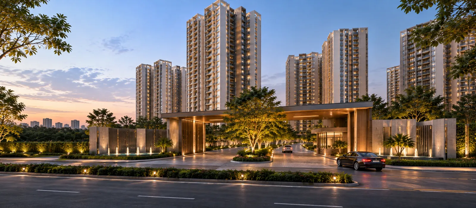 Artistic impression of a landscaped arrival driveway and drop-off at Brigade Innovation Gardens