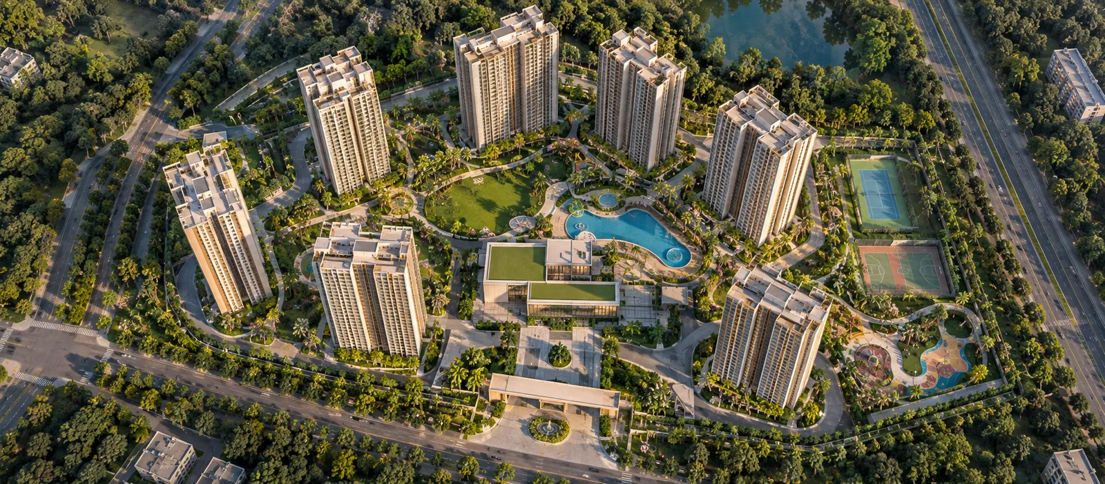 Artistic impression of a landscaped plaza between residential towers at Brigade Innovation Gardens