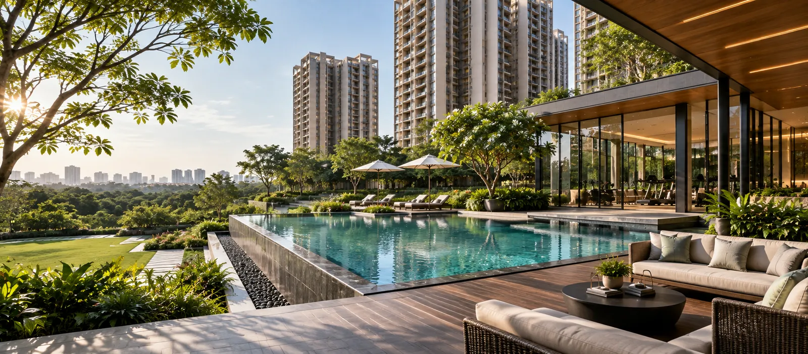 Representative image of shaded poolside lounge seating on a timber deck; not a confirmed inclusion