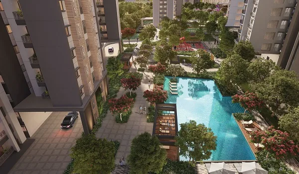 Water Feature Category — Representative Imagery Landscaped swimming pool zone bordered by greenery, representing water-feature amenities in a residential township