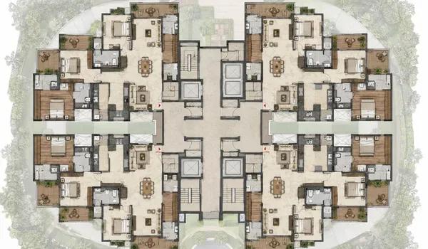Indicative typical tower floor plate showing how apartments are arranged around a central lift and staircase core